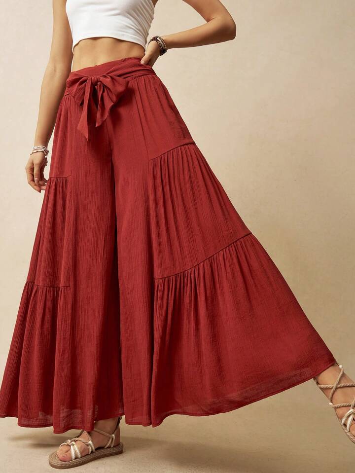 CM-BS131063 Women Trendy Bohemian Style Solid Color Drop Waist A-Line Pants - Burgundy