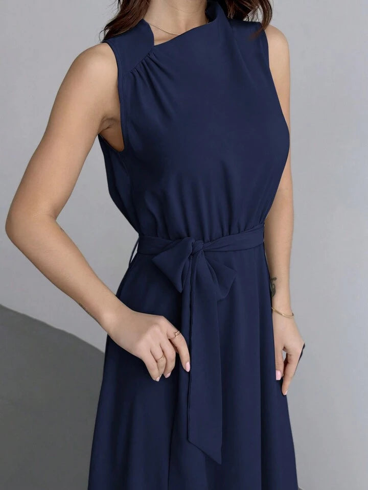 CM-DS090943 Women Casual Seoul Style Sleeveless Asymmetric Collar Belted Maxi Dress - Navy Blue
