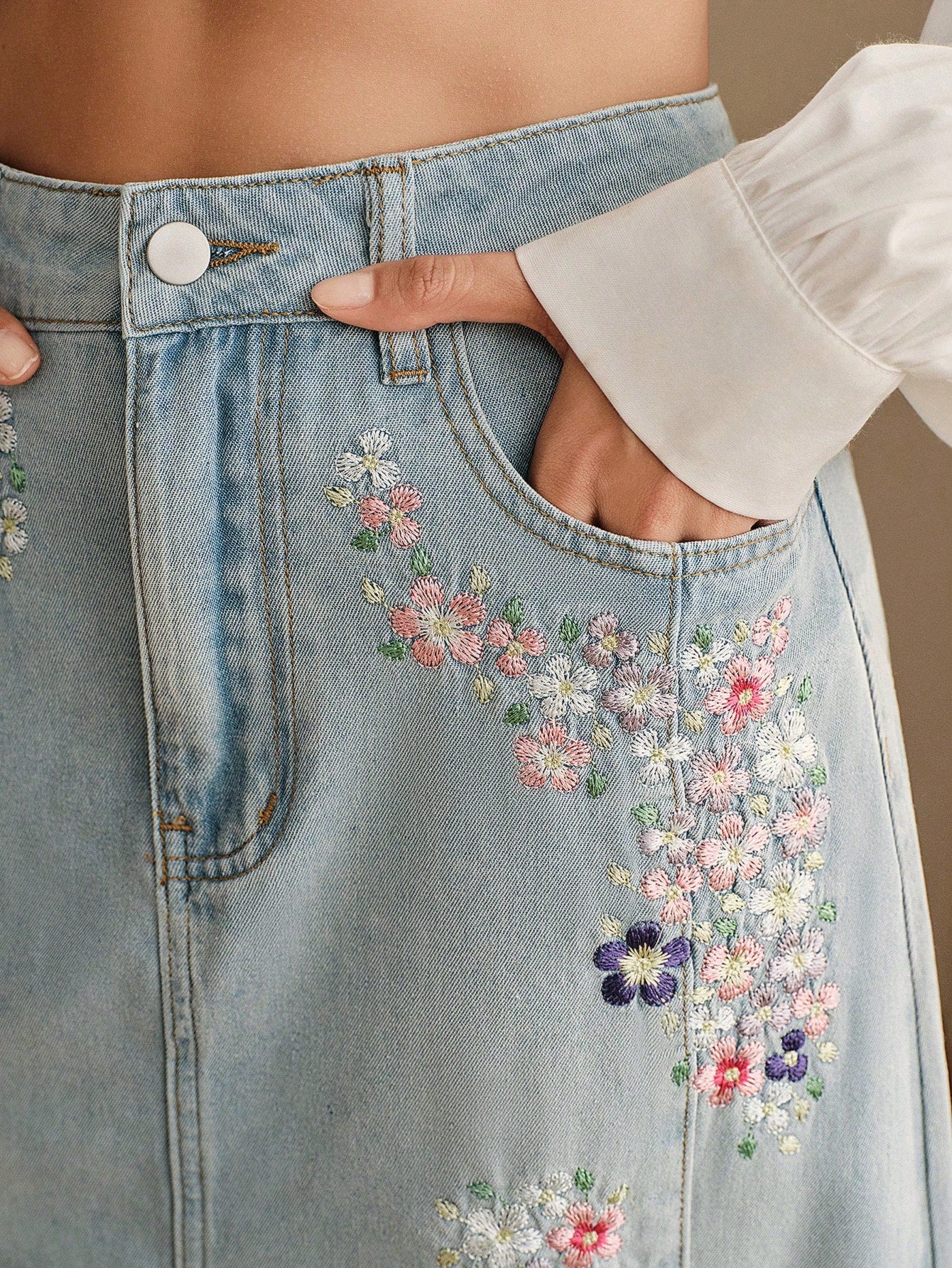 CM-BS230235 Women Casual Seoul Style Mid Waist Embroidery Slimming Design Split A-Line Denim Skirt - Blue