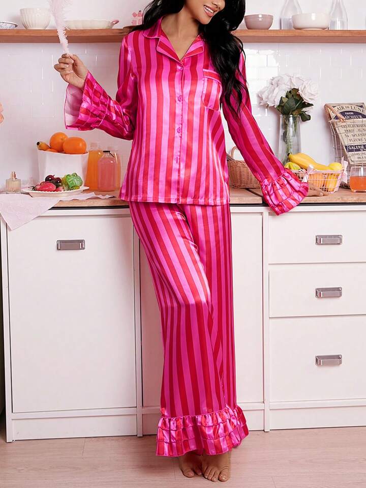 CM-LS361176 Women Trendy Seoul Style Stripe Color Top With Long Pants Pajama Set