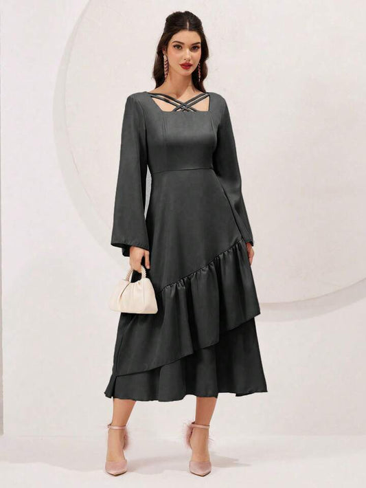 CM-DS166556 Women Elegant Seoul Style V-Neck Bell Sleeve Ruffle Hem A-Line Dress - Black