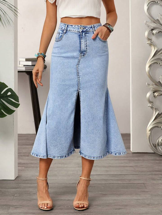 CM-BS277461 Women Casual Seoul Style Washed Slit Mermaid Hem Denim Skirt - Blue