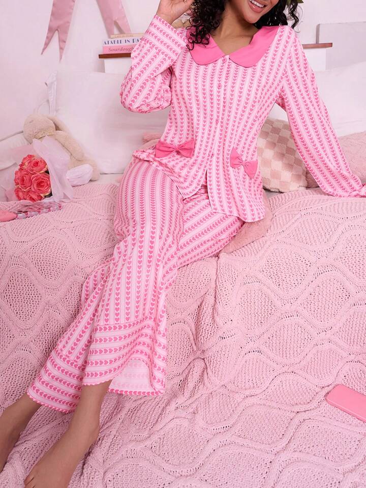 CM-LS699637 Women Trendy Seoul Style Heart Stripe Bow Decor T-Shirt With Long Pants Pajama Set