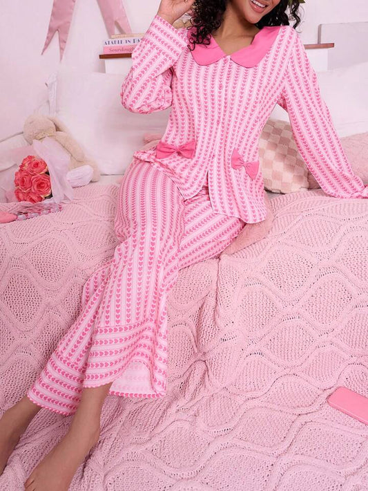 CM-LS699637 Women Trendy Seoul Style Heart Stripe Bow Decor T-Shirt With Long Pants Pajama Set