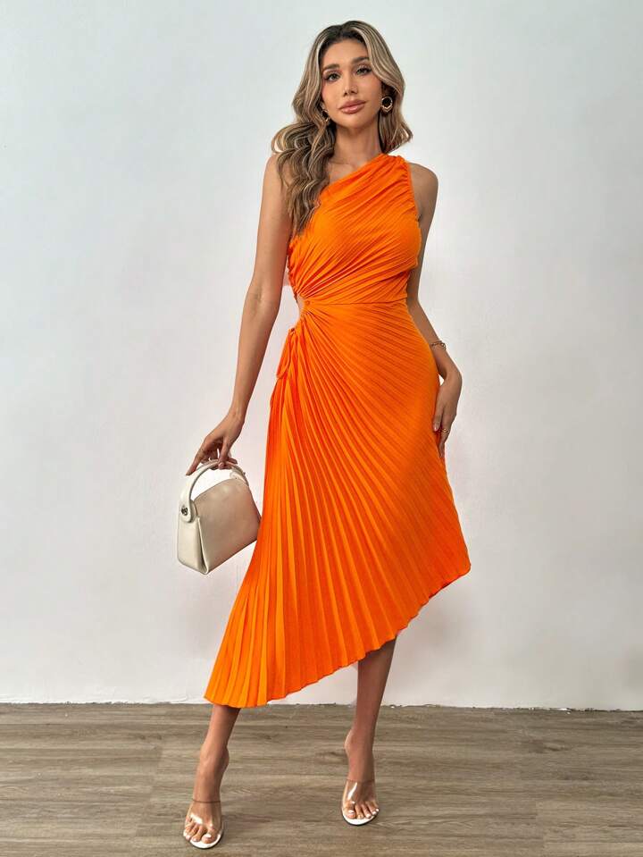 CM-DS166284 Women Elegant Seoul Style One Shoulder Cut Out Waist Pleated Asymmetrical Hem Dress