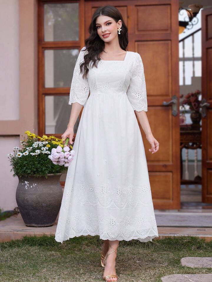 CM-DS576511 Women Trendy Bohemian Style Square Neck Embroidered 3/4 Sleeve Maxi Dress - White