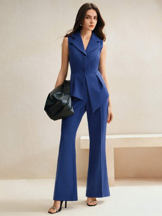 CM-SS517576 Women Elegant Seoul Style Sleeveless Lapel Asymmetrical Blazer With Wide Leg Pants - Set