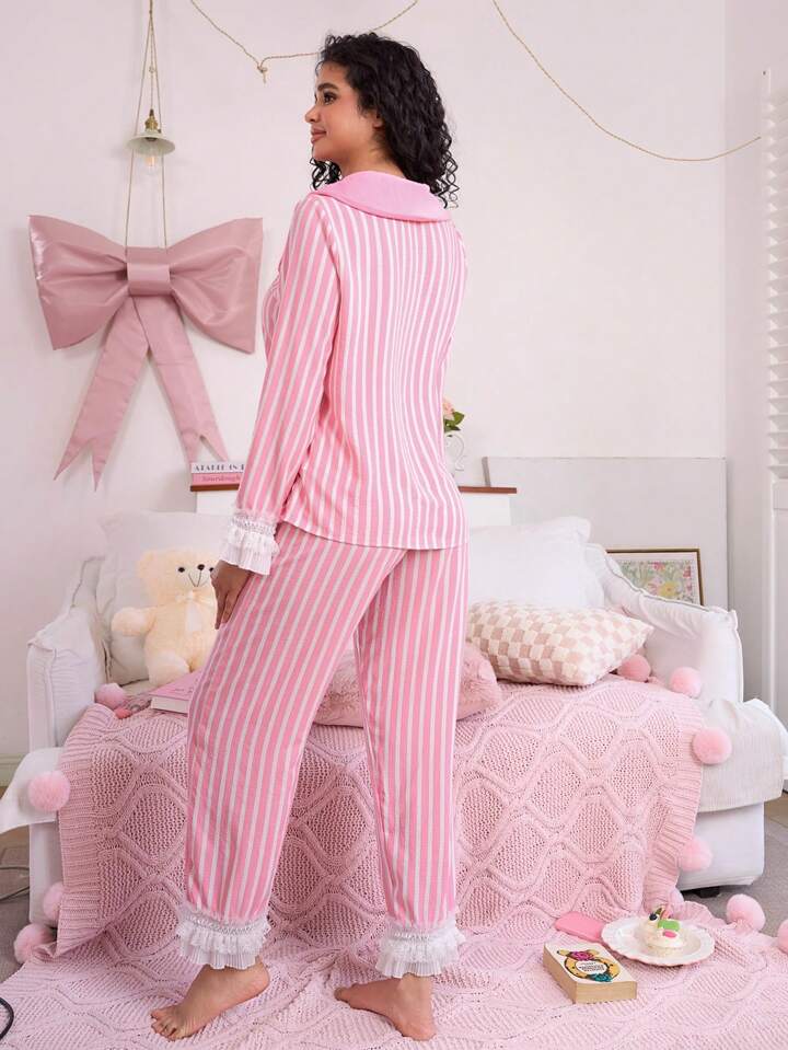 CM-LS611601 Women Trendy Seoul Style Peter Pan Collar Lace Patchwork Loose Pajama Set - Pink