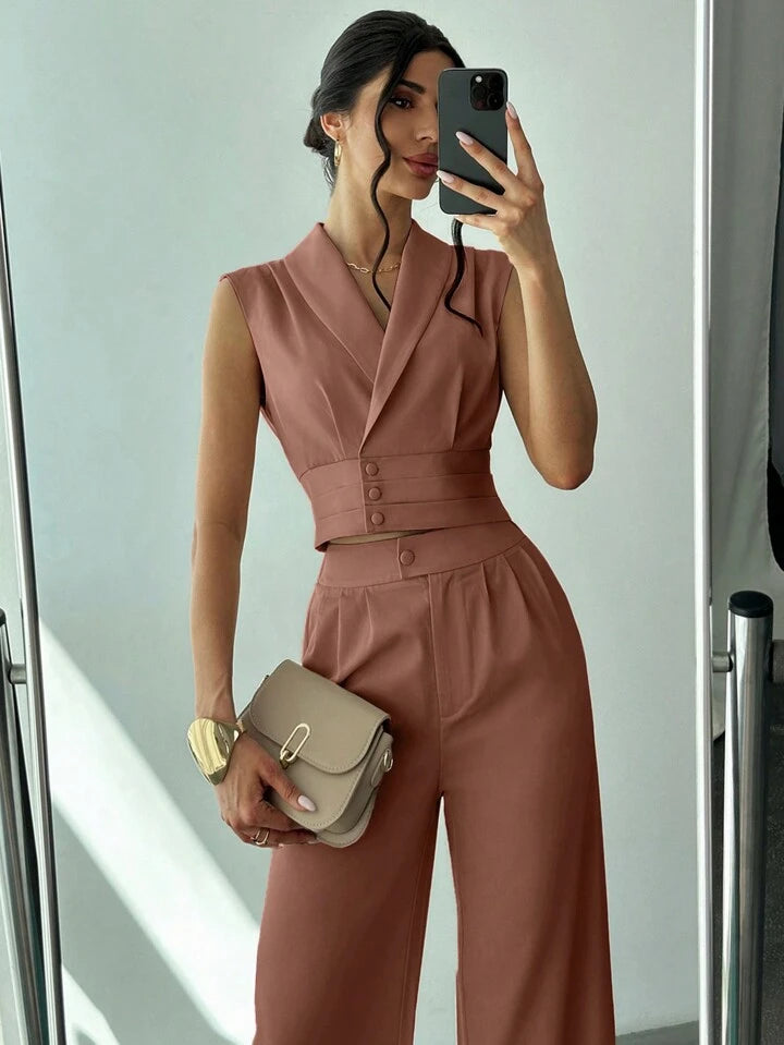 CM-SS414674 Women Elegant Seoul Style Collared Fitted Cap Sleeve Shirt With Straight-Leg Pants Suit - Khaki