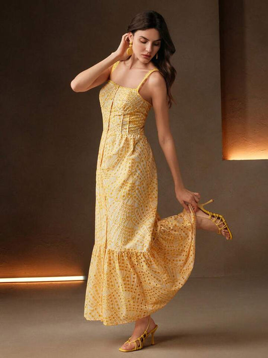 CM-DS174004 Women Elegant Seoul Style Ruffled Hollow Out Embroidered Waist A-Line Long Dress - Yellow
