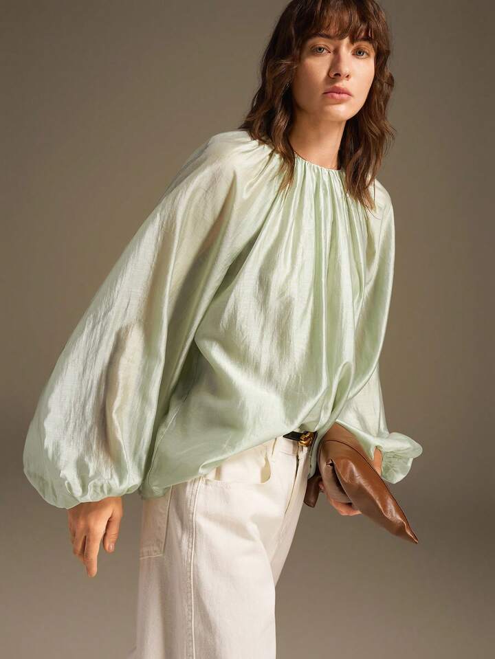 CM-TS744293 Women Casual Seoul Style Round Neck Long Sleeve Semi-Sheer Oversized Silk Shirt - Mint Green
