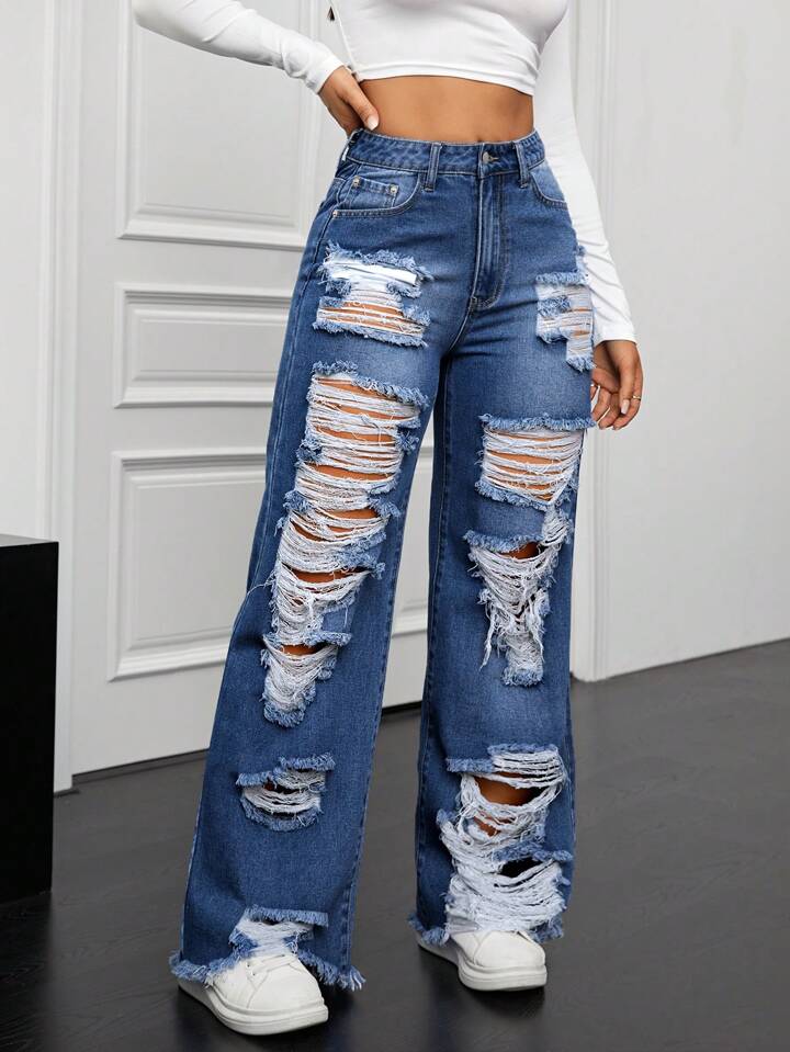 CM-BS168464 Women Casual Seoul Style Dark Wash Front Button Pocket Distressed Ripped Denim Long Jeans