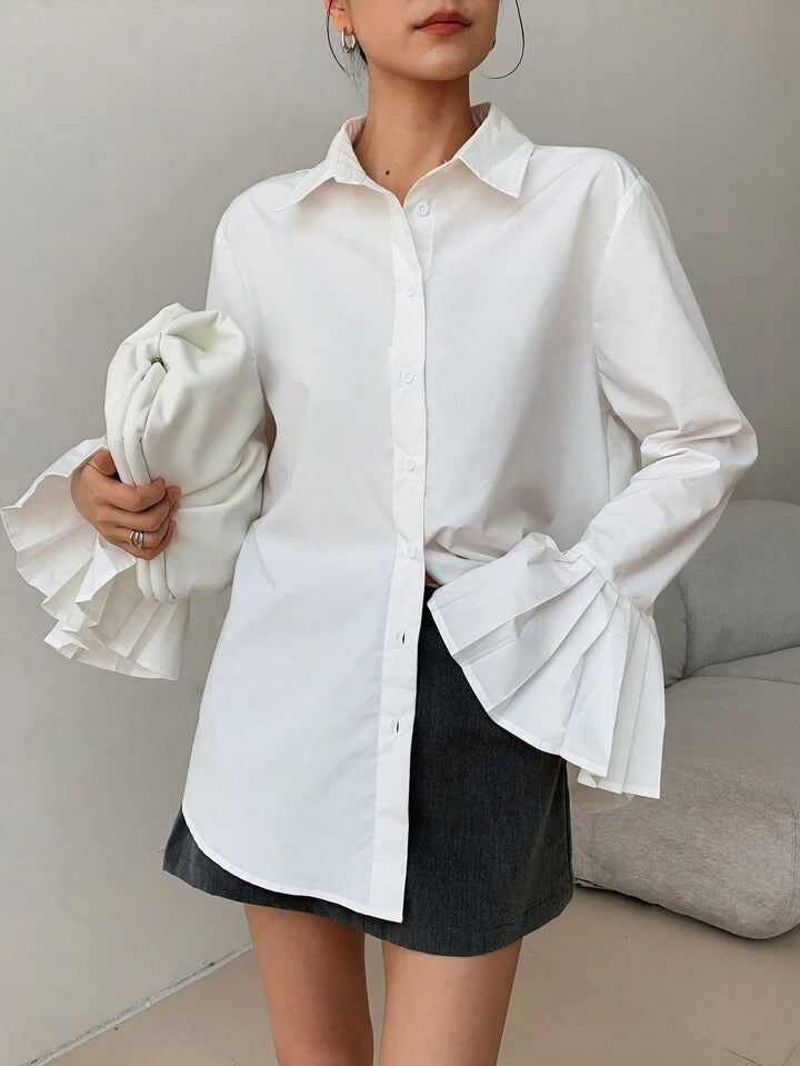 CM-TS094349 Women Casual Seoul Style Collar Neckline Asymmetrical Ruffled Cuffs Shirt - White