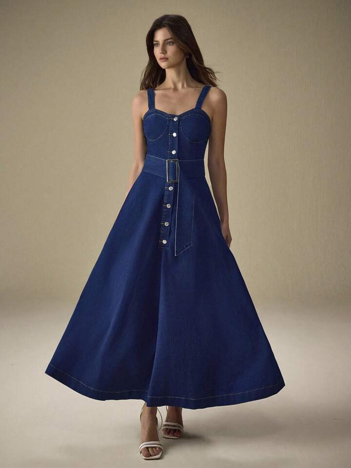 CM-DS980065 Women Elegant Seoul Style Dark Wash Straps Neckline Sleeveless Button Front Buckle Belted Denim Dress