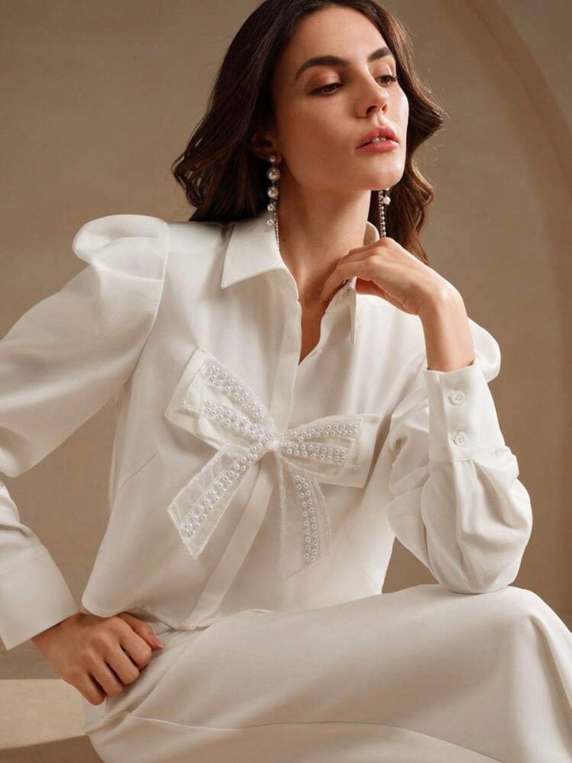 CM-TS706634 Women Elegant Seoul Style Collar Neckline Butterfly Pearl Floral Long Sleeve Blouse - White