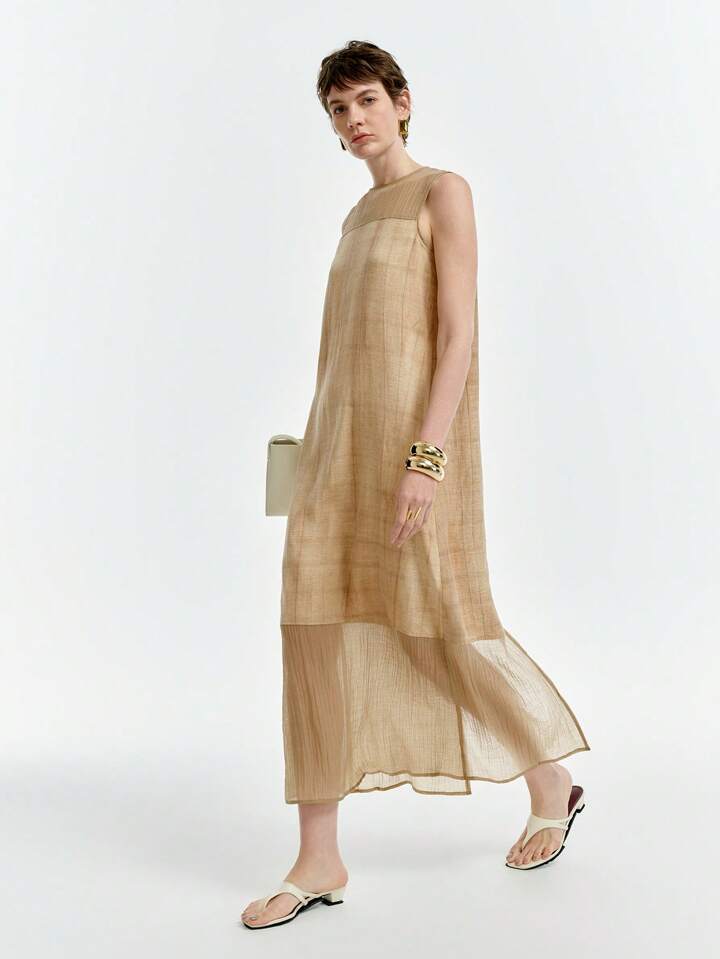 CM-DS638868 Women Trendy Bohemian Style Round Neck Sleeveless Mini Dress - Khaki