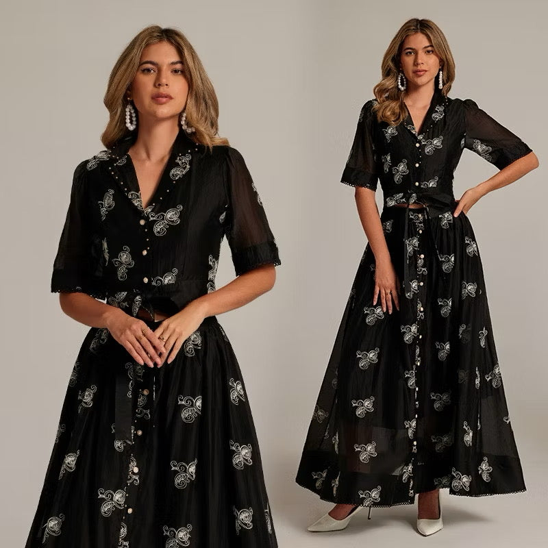 CM-SY035589 Women Elegant European Style Collar Neckline Half Sleeve Beads Decor Blouse With High Waist Long Skirt - Set