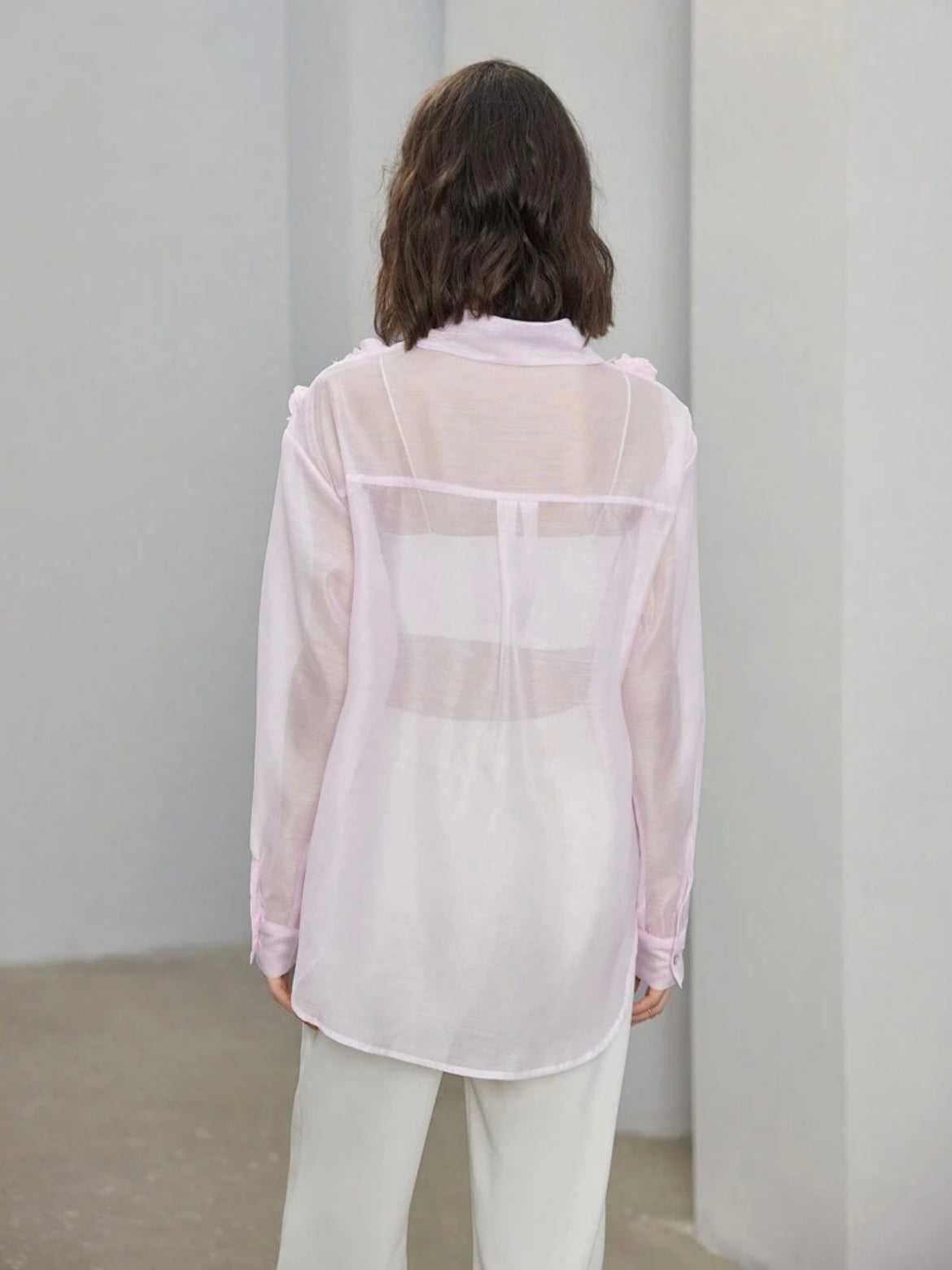 CM-TS896623 Women Elegant Seoul Style 3D Floral Long Sleeve Sheer Mesh Blouse - Baby Pink