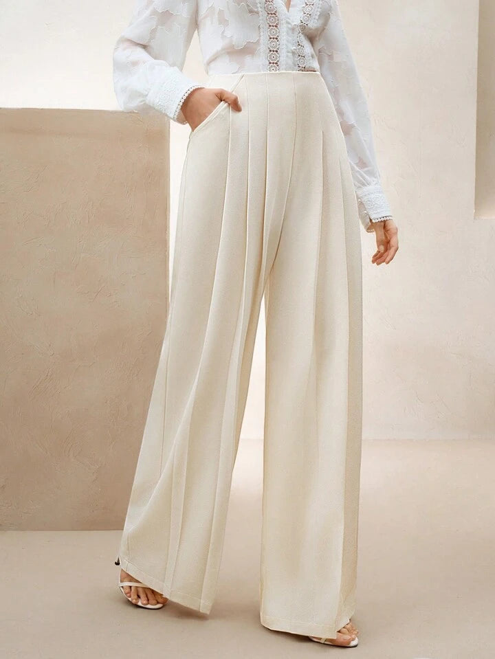 CM-BS395326 Women Elegant Seoul Style Solid Color Slimming Double Pleated Wide Leg Pants - Apricot