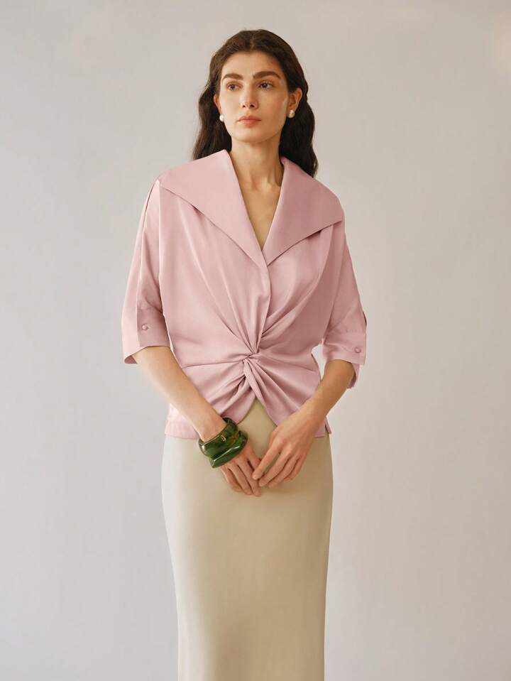 CM-TS548202 Women Elegant Seoul Style Waterfull Neckline Twill Lapel Twist Batwing Sleeve Blouse - Dusty Pink