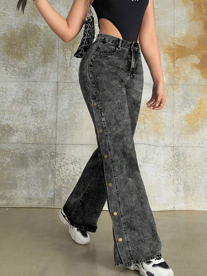 CM-BS145545 Women Vintage Seoul Style High Waist Metal Buckle Side Slant Pocket Wide Leg Jeans - Gray