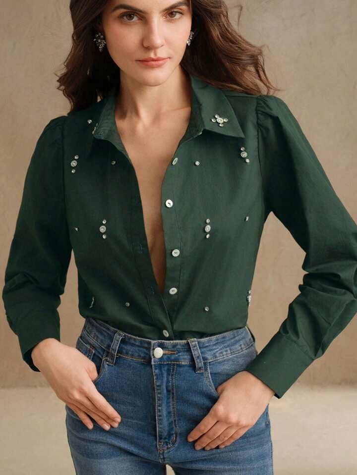 CM-TS018855 Women Elegant Seoul Style Long Sleeve Rhinestone Button Blouse - Dark Green