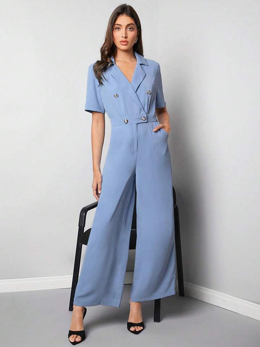 CM-JS122415 Women Elegant Seoul Style Lapel Collar Double-Breasted Jumpsuit - Blue
