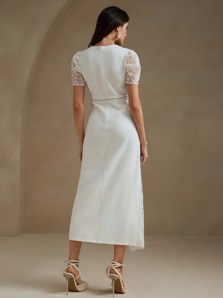 CM-DS149969 Women Elegant Seoul Style Square Neckline Puff Sleeve Lace Slit Midi Dress - White