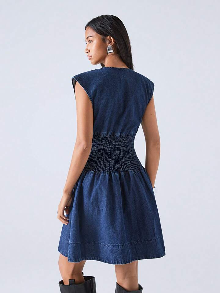 CM-DS498889 Women Casual Seoul Style V-Neck Barwing Sleeve High Waist A-Line Denim Dress - Blue