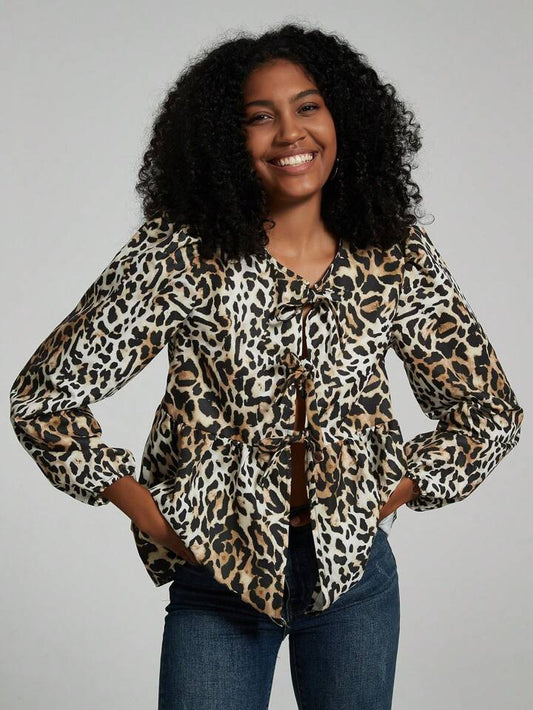 CM-TS023449 Women Casual Seoul Style Print Ruffle Hem Tie Long Sleeve Shirt