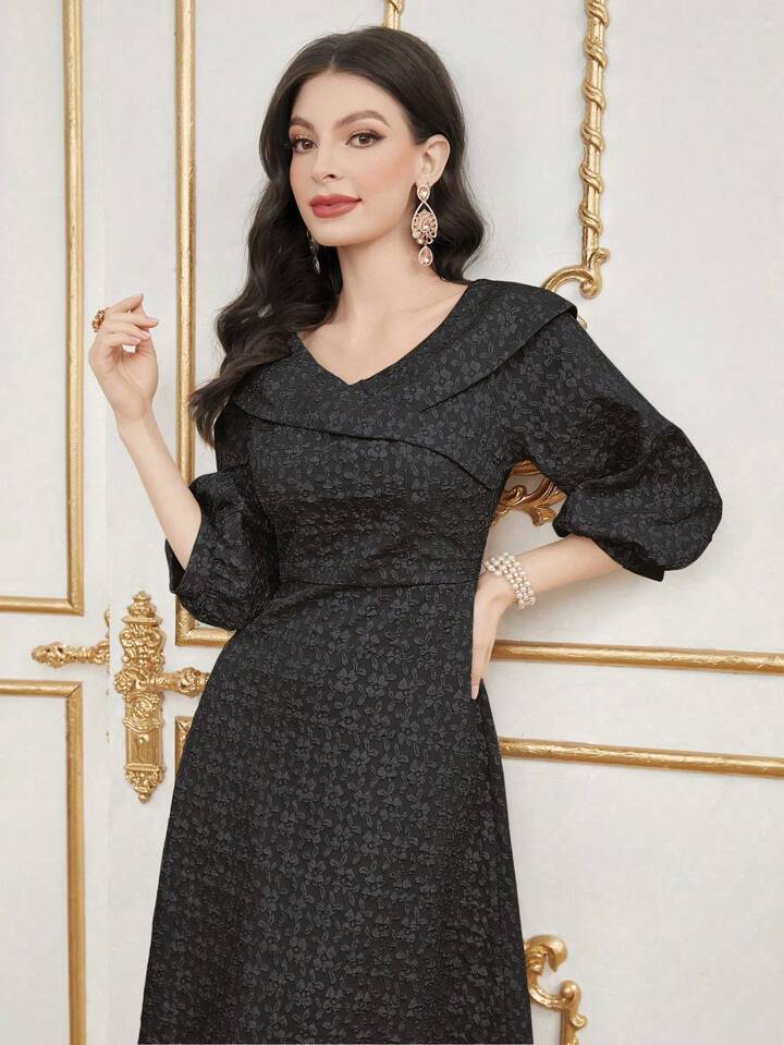 CM-DS988448 Women Elegant SeouL Style V-neck 3/4 Lantern Sleeve A-Line Dress - Black