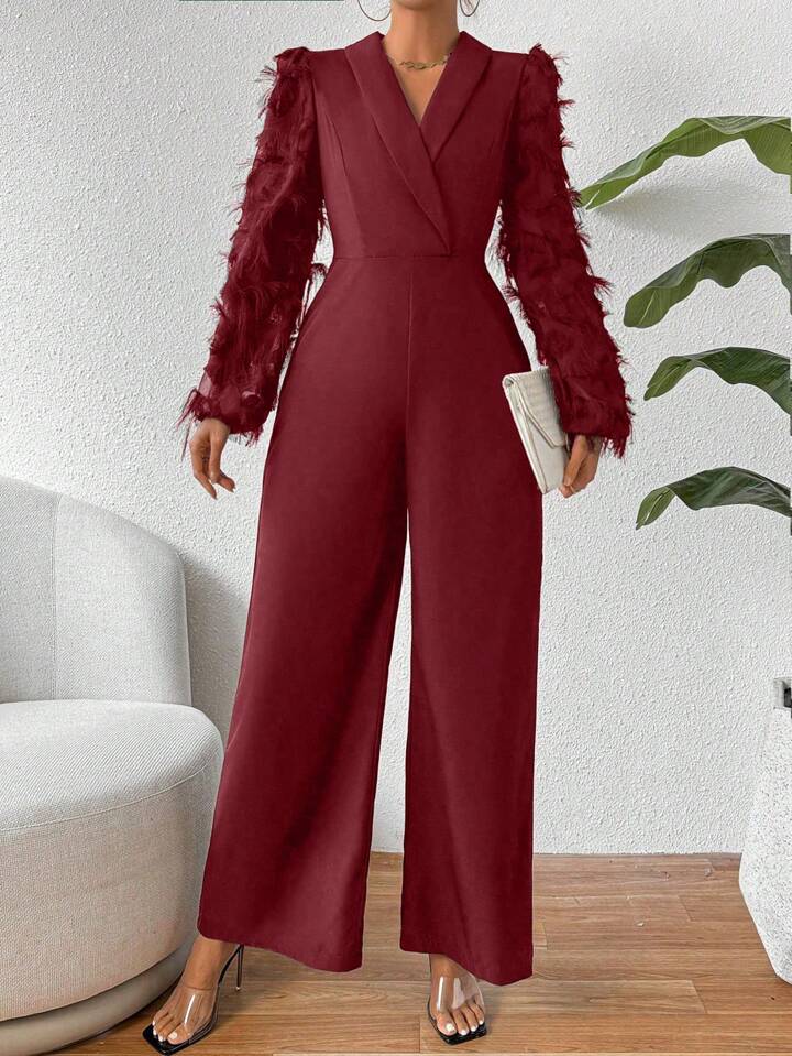 CM-JS241004 Women Elegant Seoul Style Tassel Trimmed Shawl Collar Wide Leg Jumpsuit - Burgundy