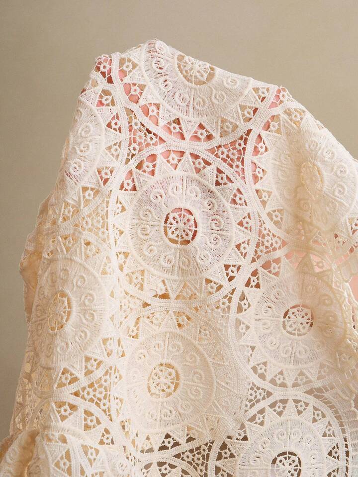 CM-TS318012 Women Elegant Seoul Style Lace Hollow Puff Sleeve Round Neck Placket Shirt - Apricot