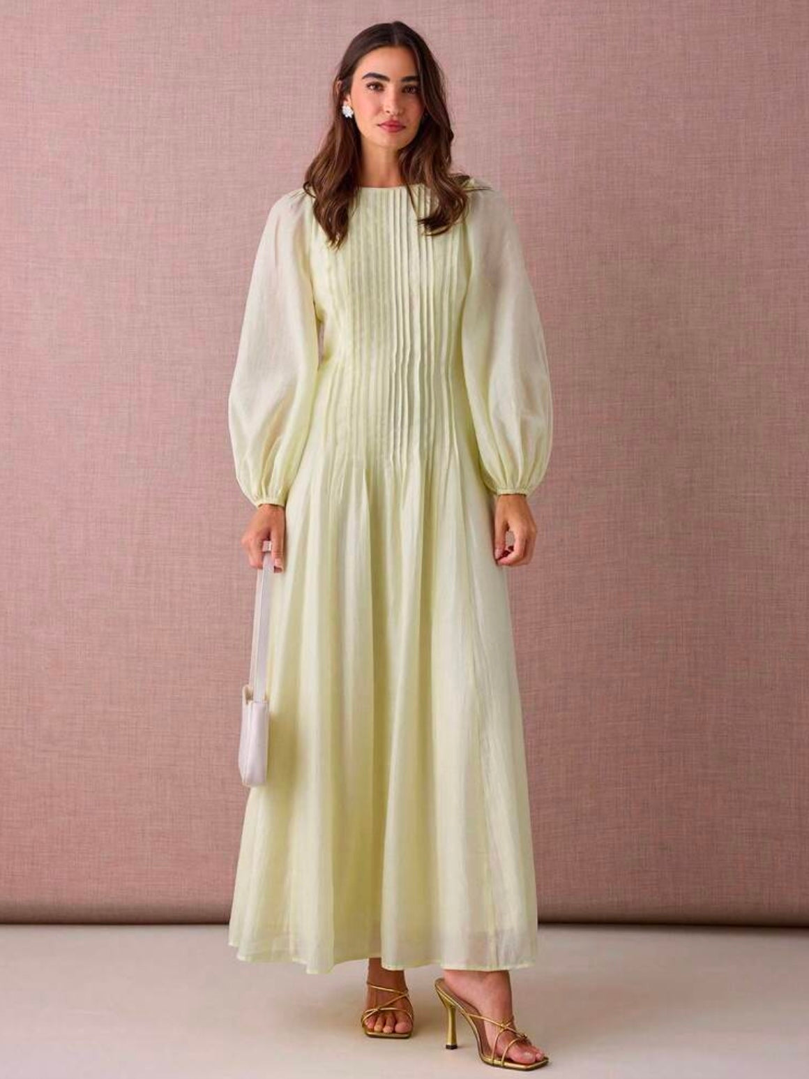 CM-DS915288 Women Elegant Seoul Style Round Neck Lantern Sleeve Pleated Design A-Line Maxi Dress - Yellow