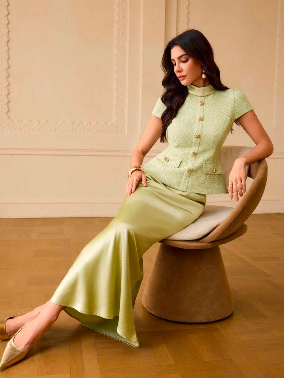 CM-SS036131 Women Elegant Seoul Style Stand Collar Button Decor Cap Sleeve Top With Satin Mermaid Hem Skirt - Set