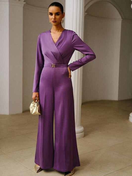 CM-JS525172 Women Elegant Seoul Style V-Neck Long Sleeve Satin Jumpsuit With Detachable Belt - Purple