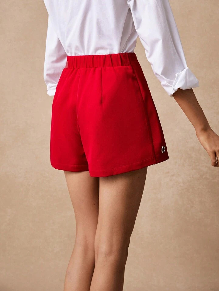 CM-BS084711 Women Casual Seoul Style High Waist Metal Ring Zipper Straight Skort - Red