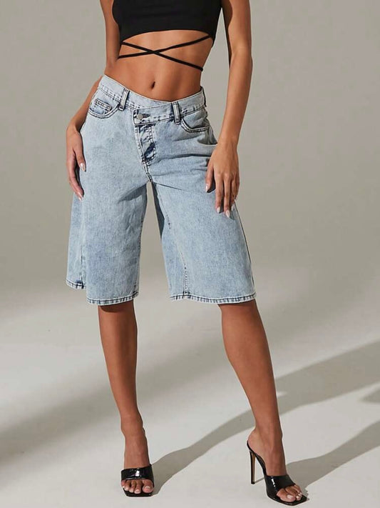 CM-BS720250 Women Casual Seoul Style Light Wash Front Button Pocket Design Denim Pants
