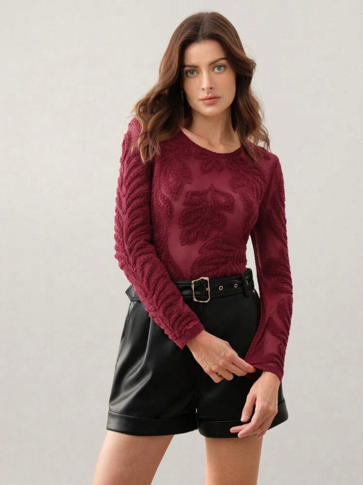 CM-TS365005 Women Elegant Seoul Style 3D Floral Print Fitted Crew Neck Sheer Long Sleeve Top