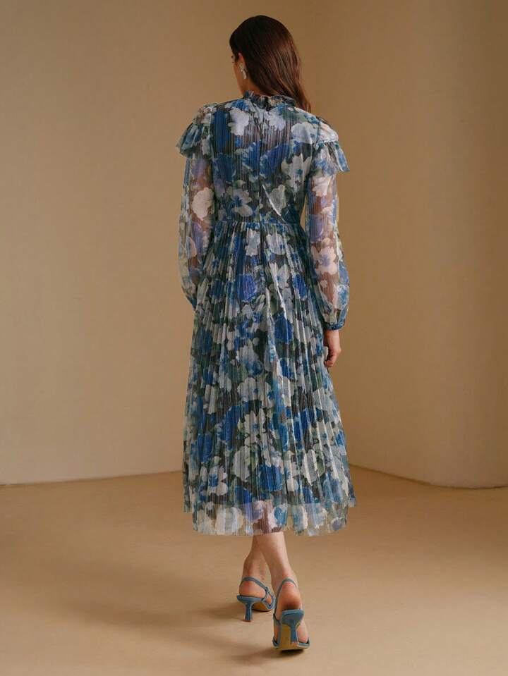 CM-DS839272 Women Elegant Seoul Style Stand Collar Bell Sleeve Ditsy Floral Ruffled Dress - Blue