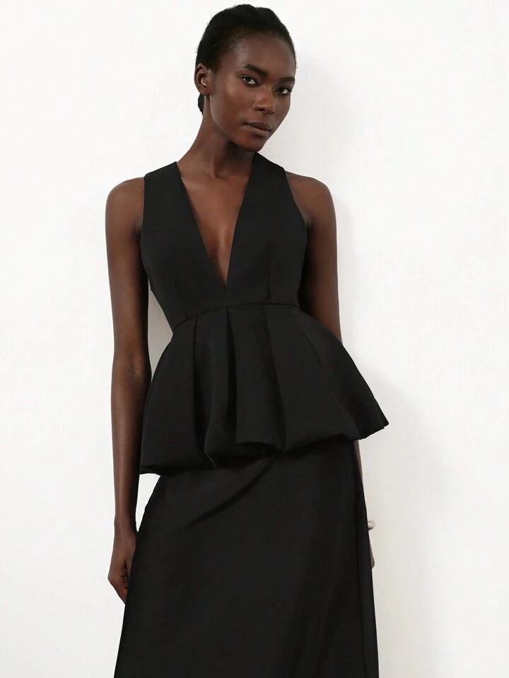 CM-TS127578 Women Elegant Seoul Style Deep V-NeckSleeveless Ruffle Hem Design Blouse - Black