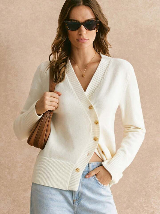 CM-CS033943 Women Casual Seoul Style Asymmetrical Placket Solid Color Knit Cardigan - White