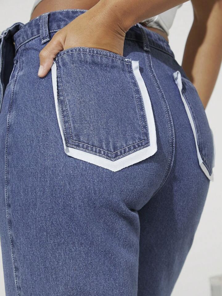 CM-BS912251 Women Casual Seoul Style Medium Wash Flap Pocket Contrast Wide Leg Jeans