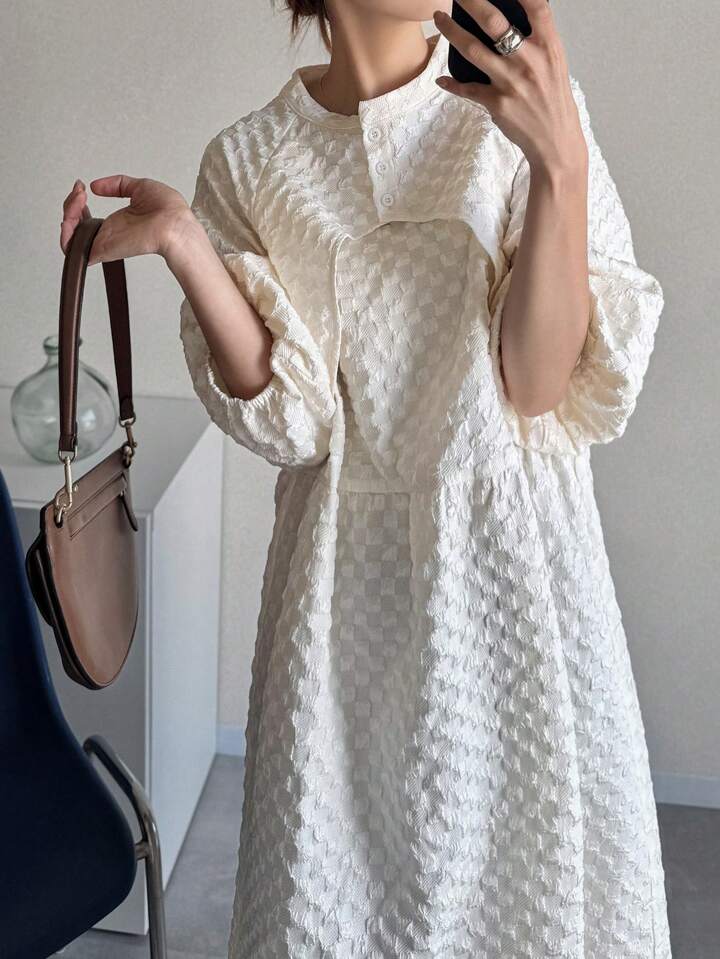 CM-DS502502 Women Casual Seoul Style Textured Stand Collar Puff Sleeve Loose A-Line Dress - Apricot