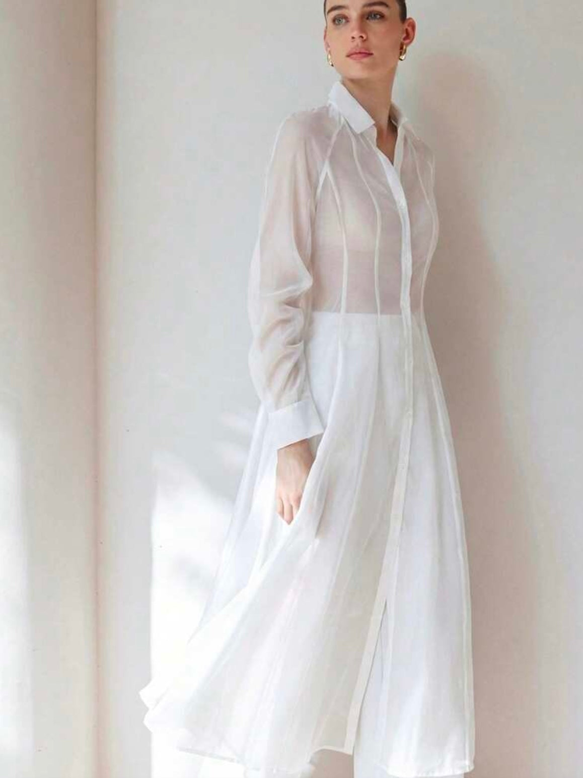 CM-TS744413 Women Casual Seoul Style Translucent Textured V-Neck Long Sleeve Gathered Waist Shirtdress - White