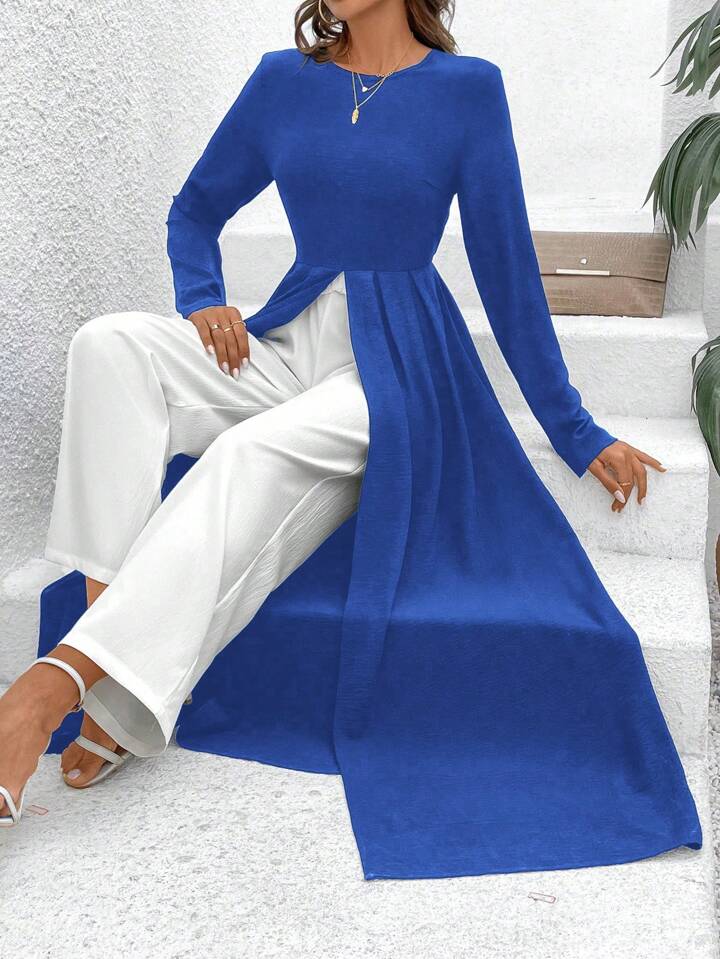 CM-SS007337 Women Casual Seoul Style Round Neck Slit Pleated Long Top With Straight Pants - Royal Blue