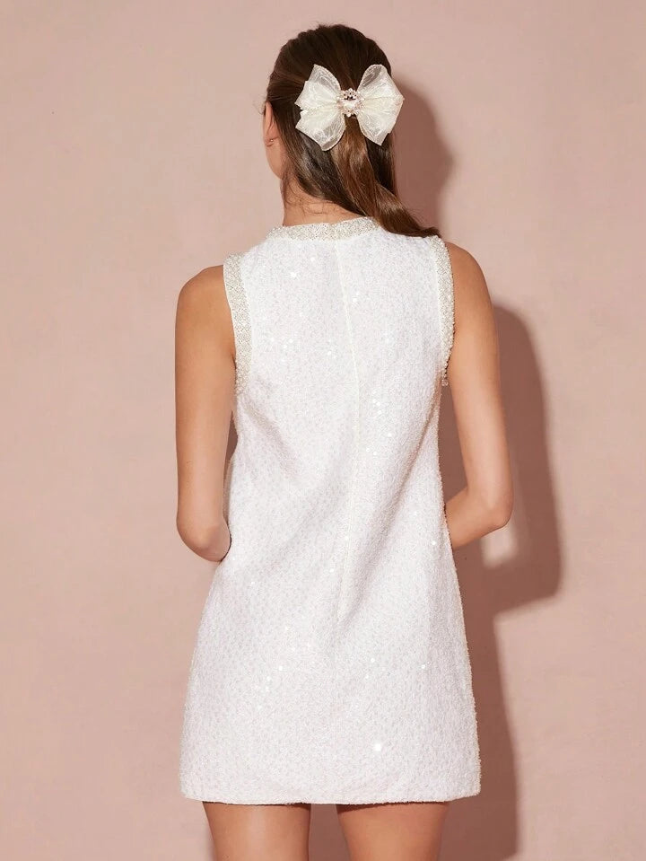 CM-DS081054 Women Elegant Seoul Style Rhinestone And Sequin Decor Sleeveless Mini Dress - White