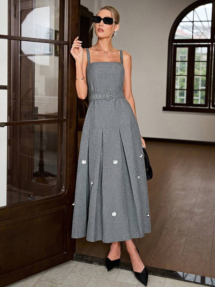 CM-DS414944 Women Elegant Seoul Style Spaghetti Strap Sleeveless Beaded Dress - Dark Gray