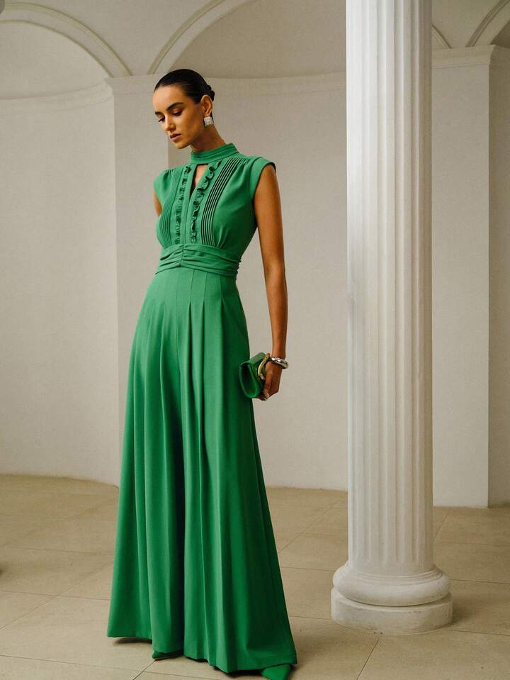 CM-JS307977 Women Elegant Seoul Style Notched Neckline Sleeveless Gathered Wide Leg Jumpsuit - Green