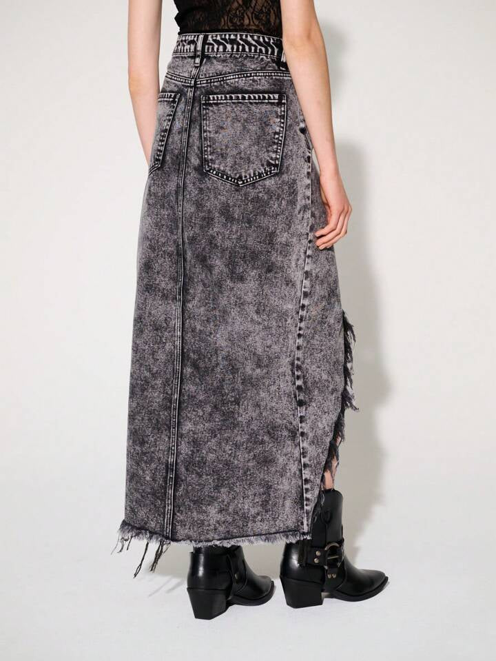 CM-BS452199 Women Casual Seoul Style Acid Wash Non-Stretch Split Thigh Denim Maxi Skirt - Black